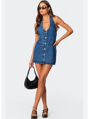 EDIKTED Destinee Denim Halter Mini Dress New!